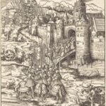 Various Men Kneeling on a Bridge in front of a Town